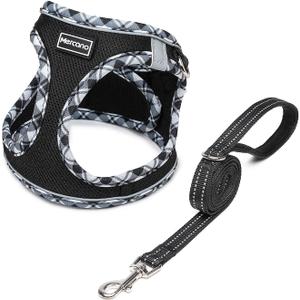 Mercano Soft Mesh Dog Harness and Leash Set, No-Chock Step-in Reflective Breathable Lightweight Escape Proof Vest Harnesses with Safety Buckle for Small Dogs, Cats (Black White, M) (M (Chest: 15"-16.8"))