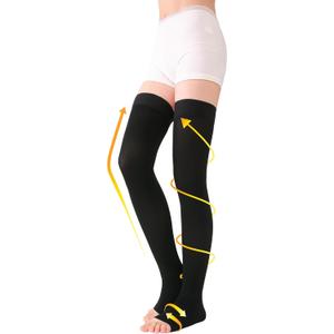 TOFLY Thigh High Compression Socks for Women & Men (Pair), Open Toe, Opaque, Firm Support 30-40mmHg Graduated Compression Hose, Medical Compression Stockings for Varicose Veins, Edema, DVT, Black XXL