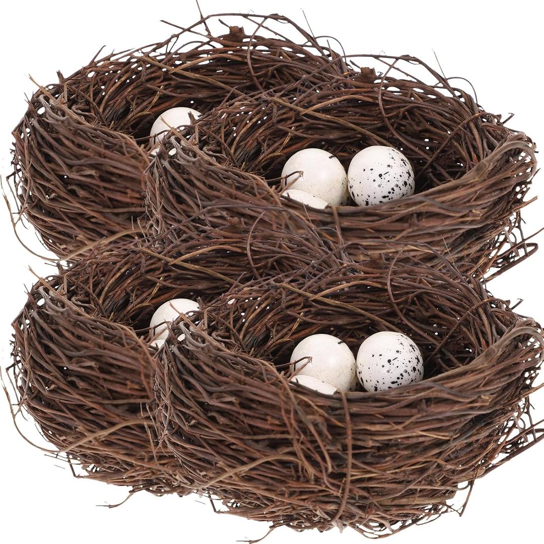 PRETYZOOM 16Pcs Artificial Bird Nest Decor Set with Rattan Nests and Bird Eggs 3.93X3.93X1.96 Inch for Easter Party Home Office Decoration DIY Craft