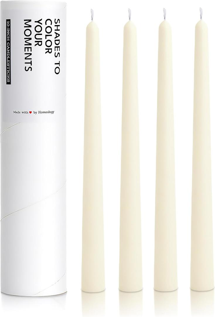 10" Classic Taper Candles, Ivory, 4-Pack, 7-8 Hours Long Burning, Unscented Tall Candlesticks