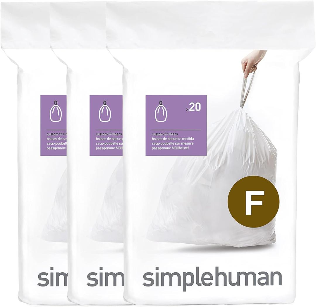 simplehuman Code F 60 Count, Dispenser Pack Custom Fit Liners, Drawstring Trash Bags, 25-30 Liter / 6.6-8 Gallon, White