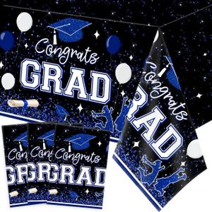 Haimimall 3Pcs Blue Graduation Tablecloths Class of 2025 Party Decorations Disposable Plastic Tablecloths Congrats Grad Table Cover for Senior High School and College Graduation Party Supplies