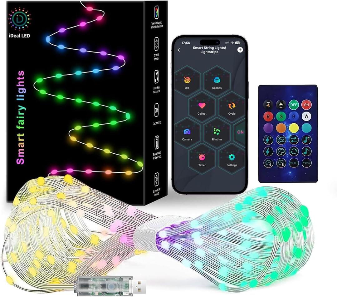 Smart Fairy String Lights, 33Ft Usb DIY Twinkle Lights w/Remote & App Controlled, music sync,12 Modes, Multicolor & Warm White for Bedroom, Christmas, Parties,Wedding,Centerpiece, Decoration (32.8FT- 100LED)