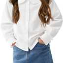 Haloumoning Girls Baby Doll Collar Shirt Classic Long Sleeve Button Down Uniform Shirts Soft Blouse Tops (9-10 Years, White)