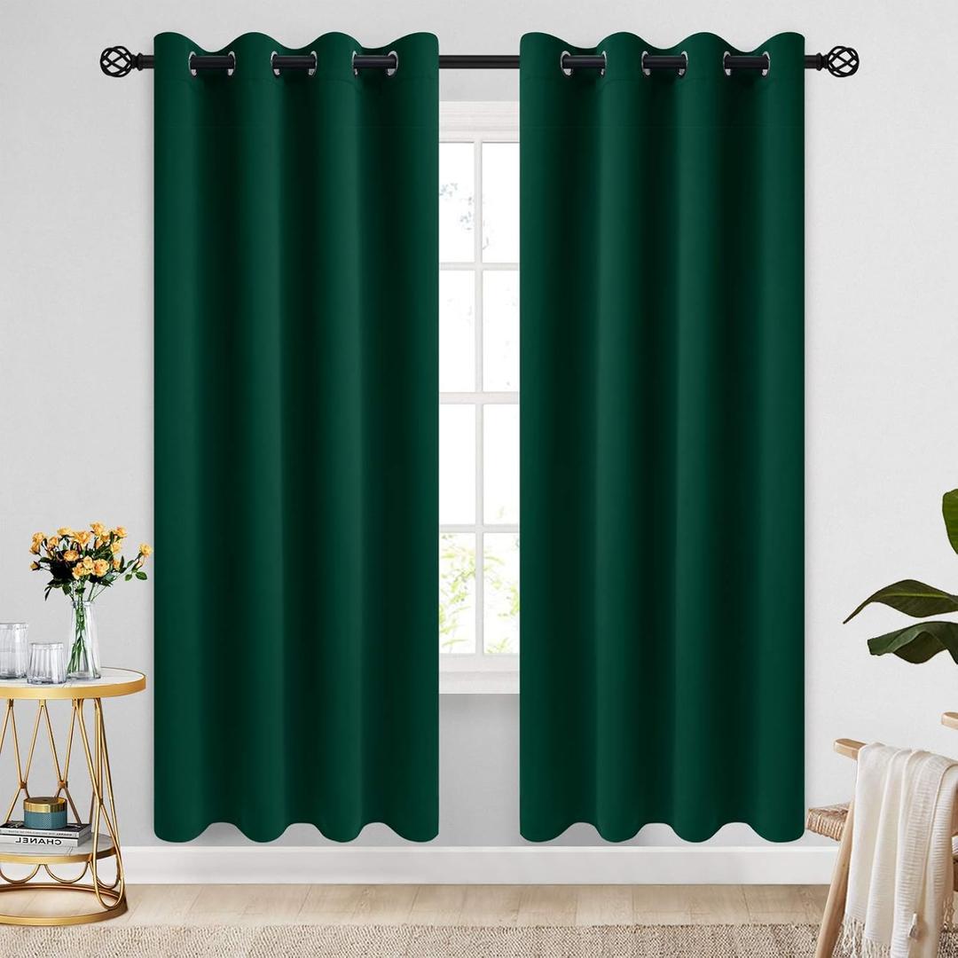 COSVIYA Grommet Blackout Room Darkening Curtains 90 inch Long, Thick Polyester Light Blocking Insulated Thermal Window Curtain Dark Green Drapes for Bedroom/Living Room,2 Panels,52x90 inches