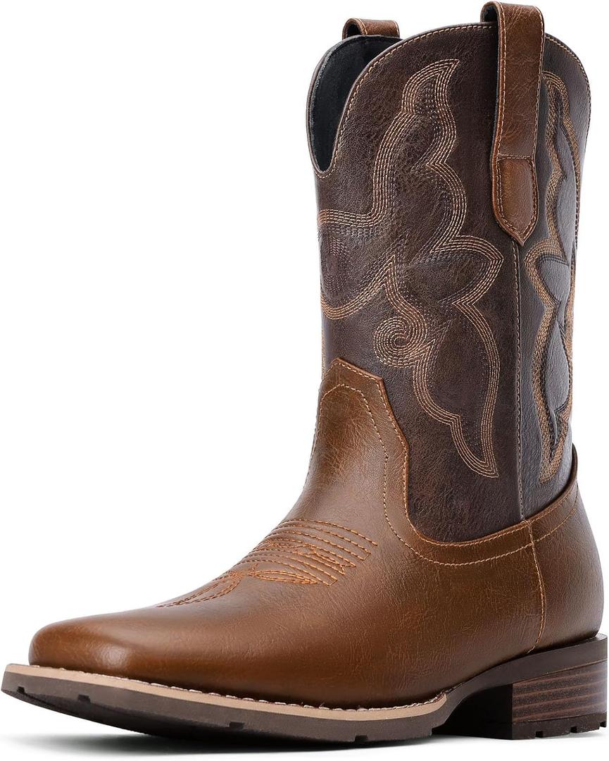 Cowboy Boots For Men - Western Boot Men's Cowboy Boots With Square Toe | Cowboy Western Boot | Pull-on Boots| Old West Style Embroidered (11.5, Brown)