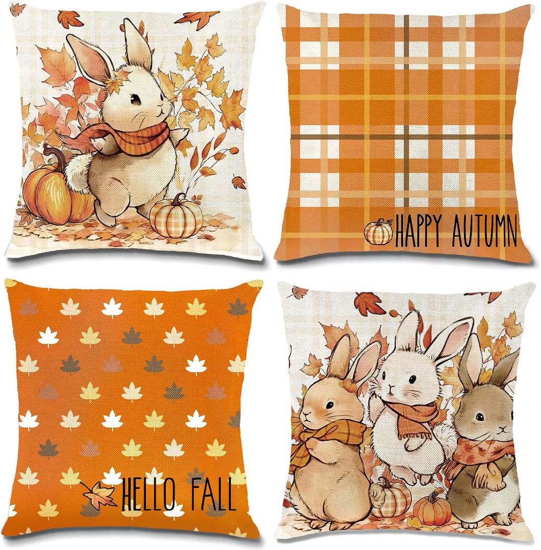 3 x 4 Pack Fall Pillow Covers Decoration，18x18in Buffalo Plaid Farmhouse Pumpkin Maple Leaves Thanksgiving Fall Throw Pillows Cushion Case Couch Decor for Autumn Home Outdoor Decorations
