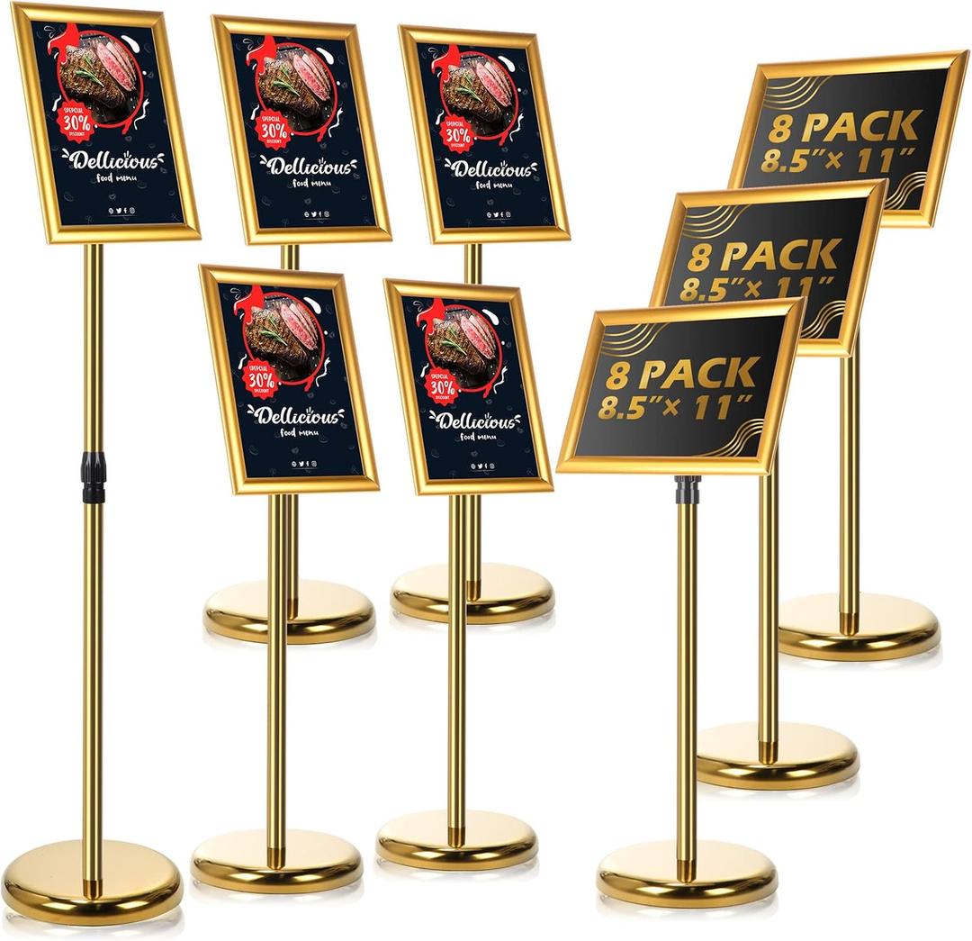 LEIFIDE 8 Pack Adjustable Heavy Duty Pedestal Sign Holder Floor Stand 8.3 x 11.7'' Adjustable Sign Holder Poster Stand with Aluminum Snap Open Frame, Screen Size A4(Gold,8.3 x 11.7'')