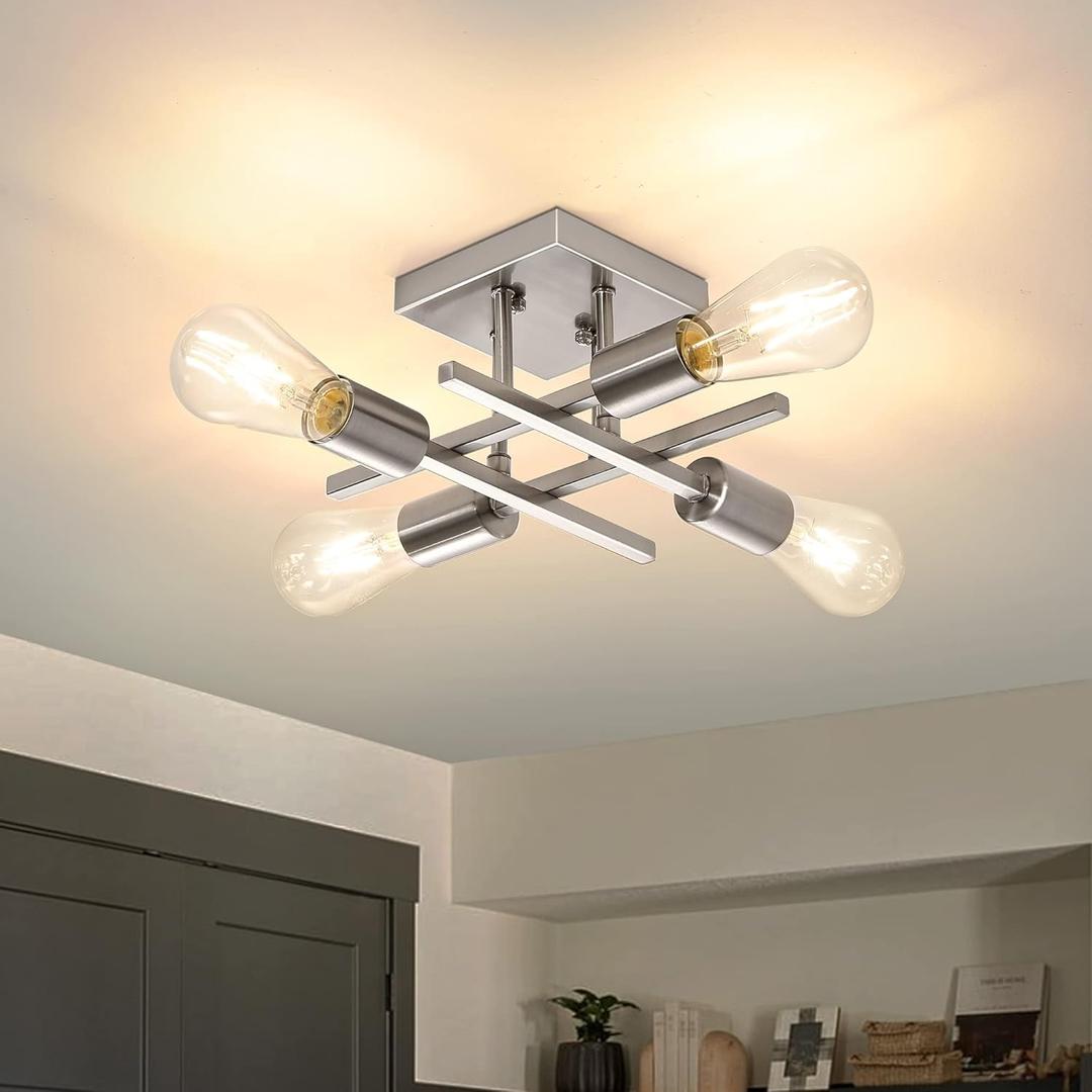 Industrial 4-Light Semi Flush Mount Ceiling Light Fixture, Modern Brushed Nickel Chandelier Lighting, Farmhouse E26 Base Sputnik Ceiling Lamp for Kitchen Bedroom Living Room Hallway (1 Count (Pack of 1), Silver)