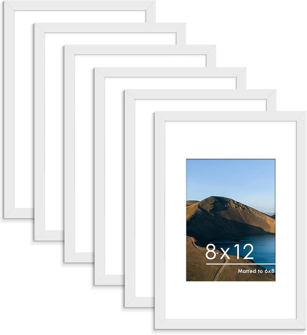 PEALSN 8x12 Picture Frame Set of 6, Display Pictures 6 x 8 with Mat or 8 x 12 without Mat for Wall Mounting or Table Top Display, Photo Frames Collage for Wall Decor, White