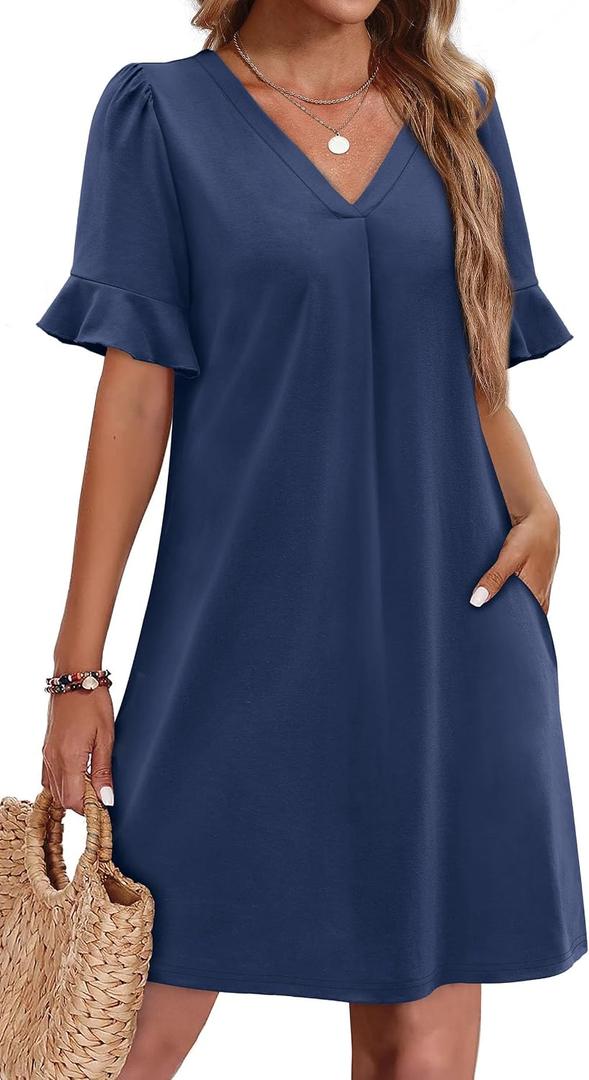 OFEEFAN Summer Dresses for Women Ruffle Short Sleeve V Neck Casual Shift Dress with Pockets, XL