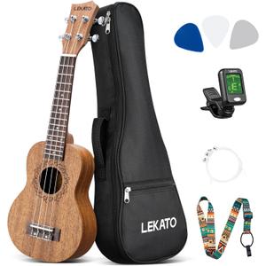 LEKATO 21 Inch Soprano Ukulele for Beginners Starter Kit Sapele Ukelele Professional Hawaiian Guitar Uke for Adults Kids with Gig Bag Strap Nylon Strings Picks Digital Tuner(21" Sapele)