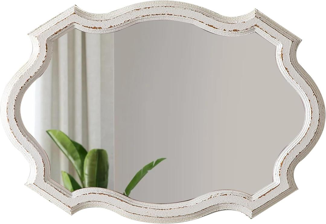 Small Rustic Scalloped Oval Mirrors for Bathroom 13 X 19 Inch, Distressed White Hanging Vintage Mirror, Farmhouse Wood Frame Gothic Wall Mounted Makeup Mirror for Bedroom Hallway Entryway
