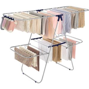 SONGMICS Clothes Drying Rack, Foldable 2-Level Laundry Drying Rack, Free-Standing Laundry Airer, with Height-Adjustable Wings, 33 Drying Rails, Sock Clips, Silver and Blue ULLR53BUV1, 2 Tiers22"d x 61.8"w x 64.3''h )