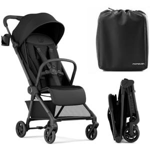 Mompush Nexis Carbon Fiber Lightweight Travel Stroller, Carry-On, Black | Lightweight Travel Stroller For Airplane, Compact Auto-Fold, One-Hand Recline, XL Basket, Cup Holder, Rain Cover Included