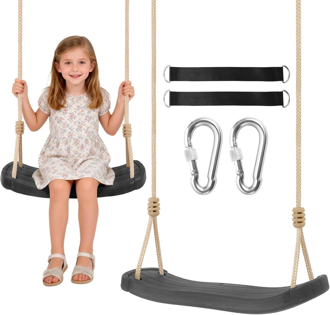 Kids Tree Swing Seat with Tree Straps and Carabiners, Heavy Duty Ergonomic Straight Swing Set for Backyard, Indoor & Outdoor Rope Swing, 264 lbsBlack