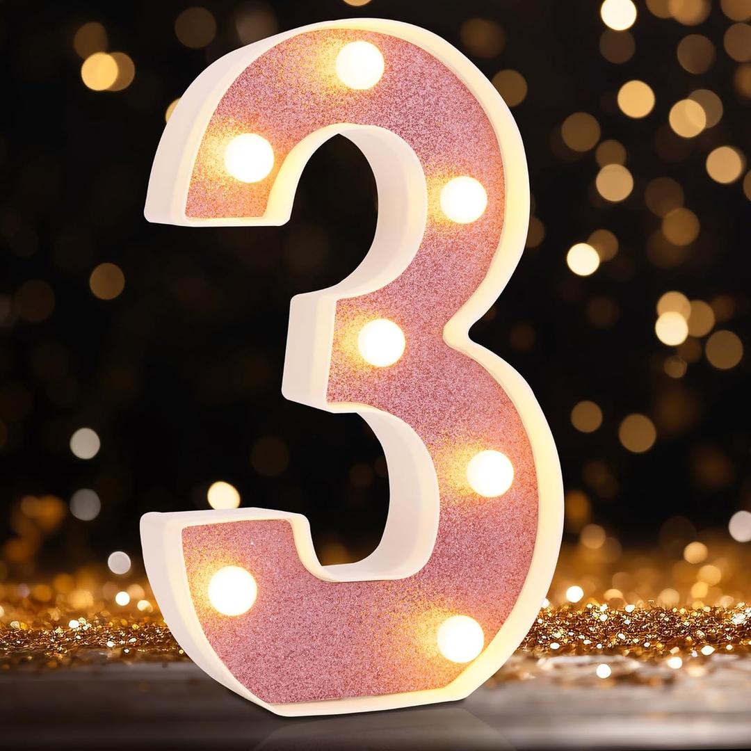 LED Marquee Numbers, Light Up Numbers for Party, Small Light Up Letters, Battery Powered Lighted Number for Birthday or Home Decor (Pink Glitter 3)