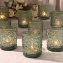 Green Votive Candle Holder Set of 12, Flower Tea Lights Candles Holders for Wedding Table Decor, Birthday Parties, Vintage Home Decor, Bridal Shower and Holiday Decorations
