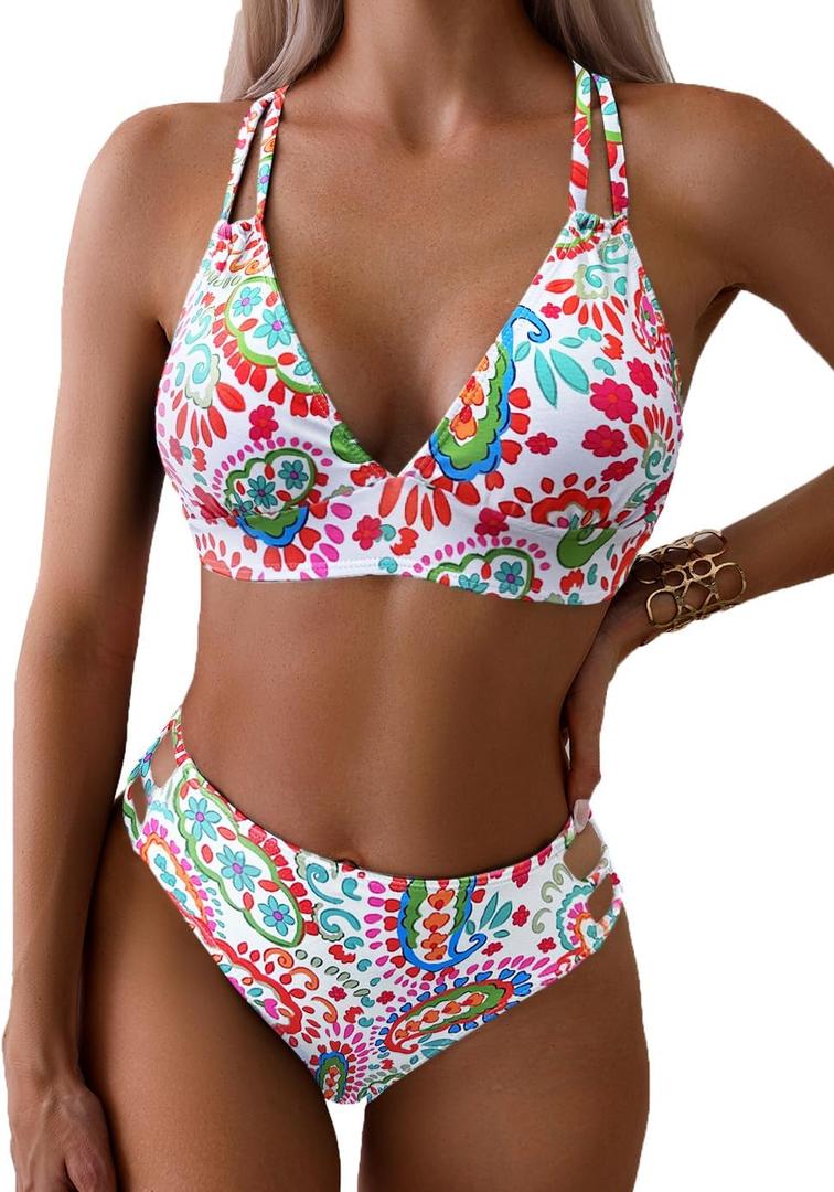 Tainehs Women's Push Up V Neck Bikini Sets Criss Cross Back Two Piece Bathing Suit (L)