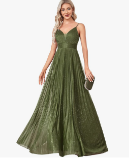 Sexy Backless Maxi Formal Dress for Women with Sequin, Sleeveless Pleated Evening Gowns for Wedding and Cocktail Large Olive Green