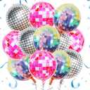 12PCS 22" Disco Balloons 4D Round Pink Silver Balloon for Bachelorette Birthday Parties 70s 80s 90s Theme Disco Ball Party Decorations.(4D)
