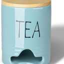 Ceramic Tea Bag Holder with Wood Lid, Farmhouse Tea Bag Dispenser for Countertop, Tea Organizer Storage Container with Bottom Opening (Turquoise)