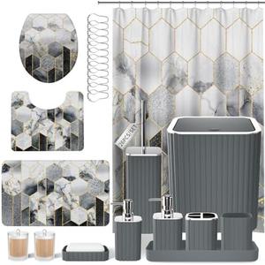 XLHOMO Bathroom Set - 26PC Bathroom Set with Shower Curtain and Rugs, Bathroom Accessory Set, Grey Bathroom Accessories Set, Trash Can & Soap Dispenser