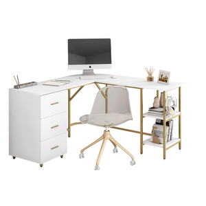 Techni Mobili L Shaped Desk - Two-Toned Computer Desk with Drawers & Storage Shelves - Simple Modern Furniture & Home Office Space Corner Table for Work & Writing