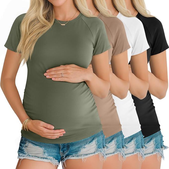 Oakgarden 4 Pack Women's Maternity Shirts Pregnancy Tunic Tops Raglan Short Sleeve Crew Neck Casual Mama Clothes M