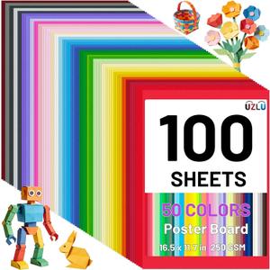 100 Pcs 50 Assorted Colors Poster Board 11.7 x16.5 In Colored Posterboard Paper Bulk 250 GSM Thickness Cardstock Blank Smart Vision Board for School Drawing Art Craft Projects Display DIY Scrapbooking