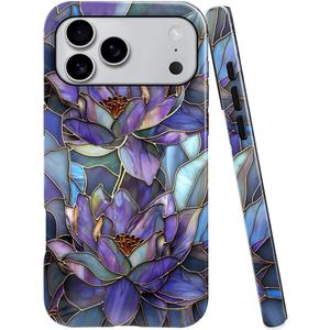 Case Compatible with iPhone 17 Pro Max,Fall Prevention Bright Hybrid 2-Layer Hard Shell Phone Case for Girls Boys,Purple Lotus Floral