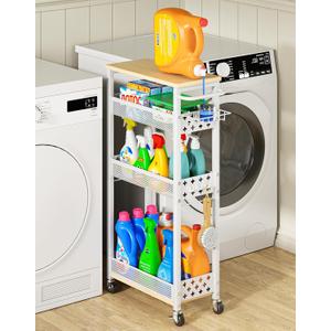 Rolling Slim Storage Cart, 4-Tier Narrow Bathroom Laundry Room Organization Cart, Metal Kitchen Storage Mobile Shelf Unit Organizer with Wood Top, Slim Utility Cart with Wheels for Small Space (7.1 inch wide (New model), White)