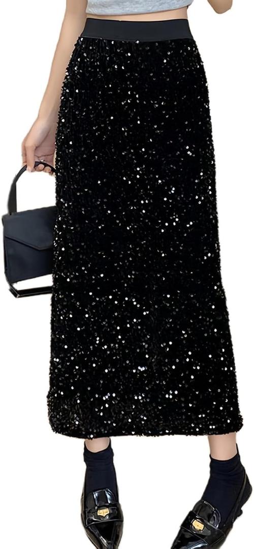 ADWAXDA Women's Long Sequin Skirt Elastic Waist A-Line Glitter Maxi Skirt Shimmer Party Skirt for Nightclub, Holiday & Prom