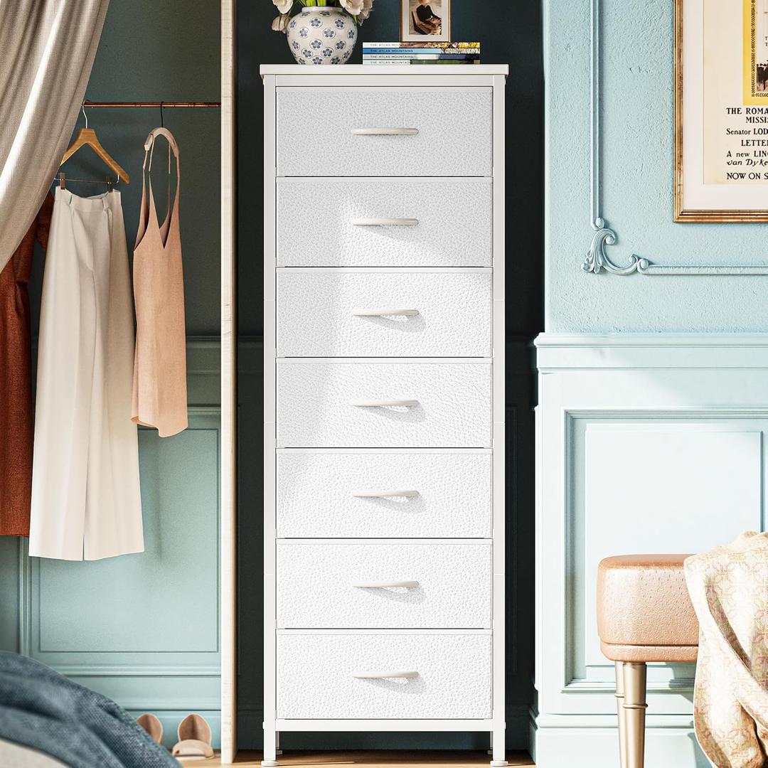 Huuger Tall Dresser for Bedroom, 7 Drawer Dresser & Chests of Drawers, Fabric Drawer for Closet, Bedroom, Night Stand, Metal Frame, Storage Tower with Fabric Bins, White