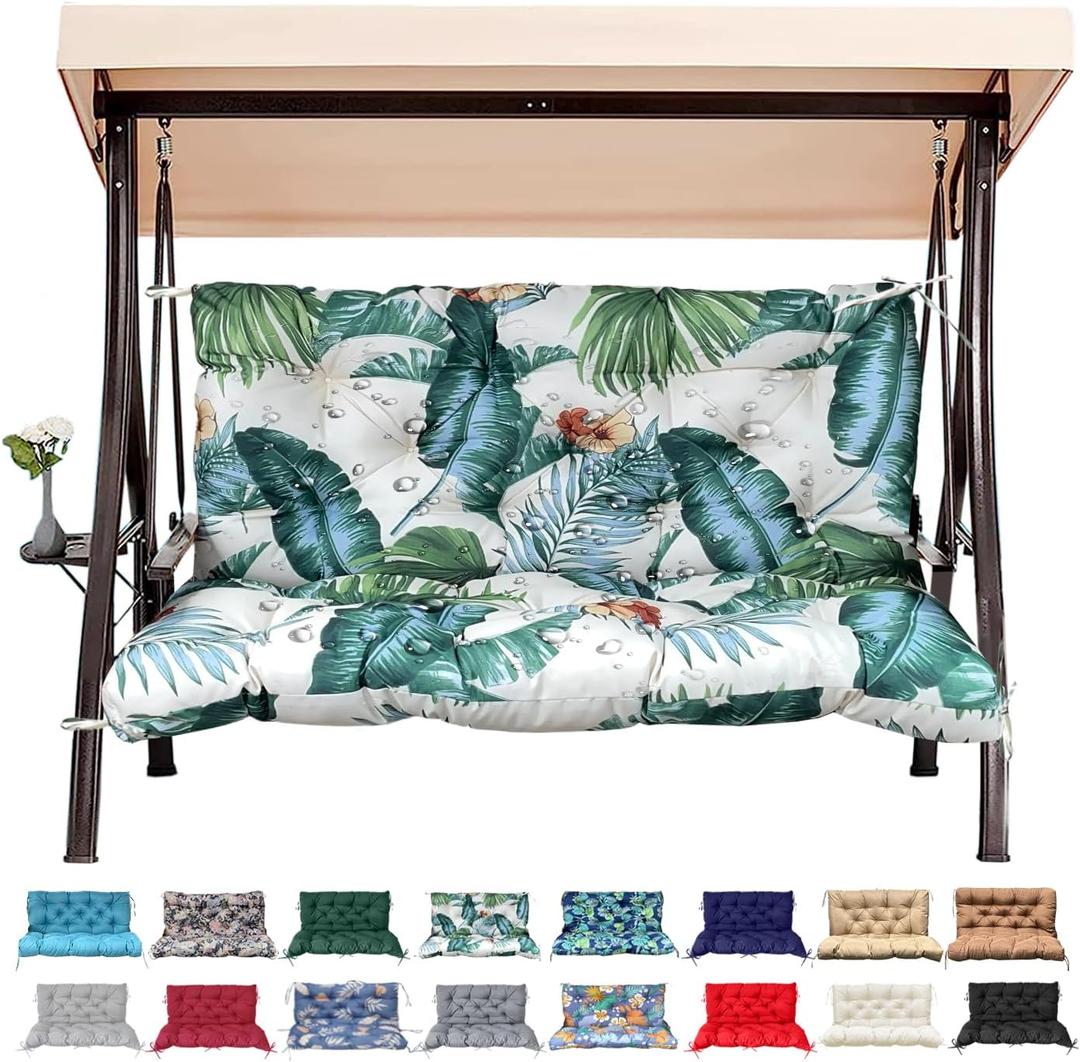 Outdoor/Indoor Swing Replacement Cushion,2 or 3 Seats Bench Cushions with Backrest, Thicken 4" Recliner Seat Pad for Garden/Patio, Waterproof Premium Tufted Cushion with Ties(Tropical White-47x40x4in)