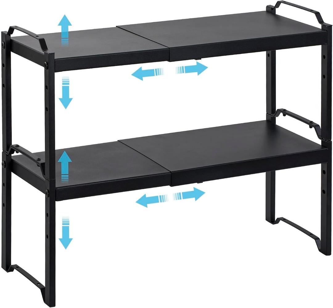 2 Pack Expandable Cabinet Countertop Shelves, Stackable Shelves Organizers For Kitchen Cabinet Countertop Storage, Adjustable Counter Cupboard Pantry Organizer Shelf Rack Stand, Length:20.5" (Black)