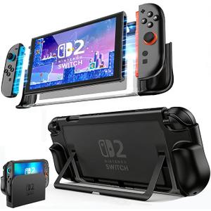 Dockable Protective Case for Nintendo Switch 2, TPU Ergonomic Grip Cover with Foldable JoyCon Holder Design, Slim Shockproof Hard Shell fit for Switch 2 Console & Kickstand - Matte Black