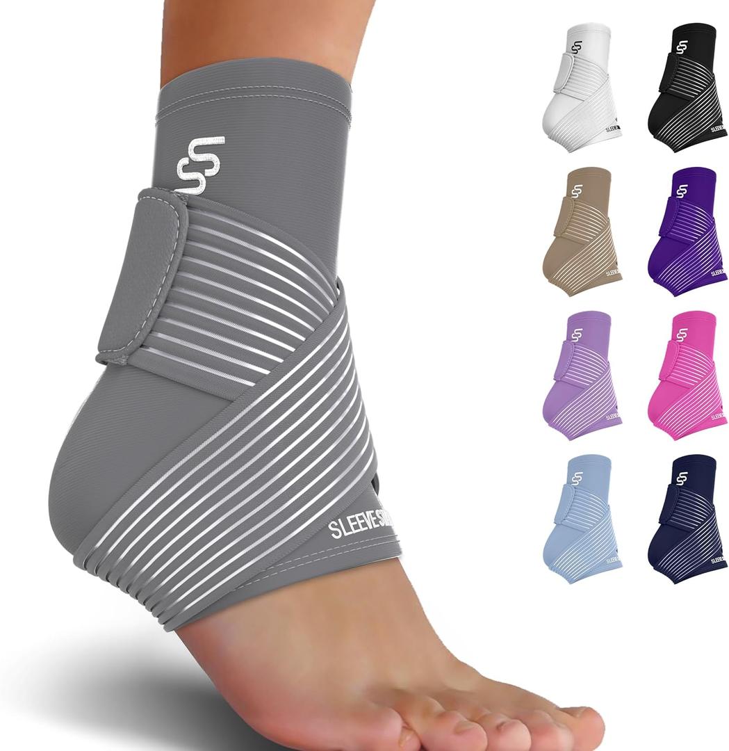 Sleeve Stars Ankle Brace for Sprained Ankle, Plantar Fasciitis Relief Ankle Support for Women, Ankle Compression Sleeve w/ Strap (Pair/Gray) (One Size)