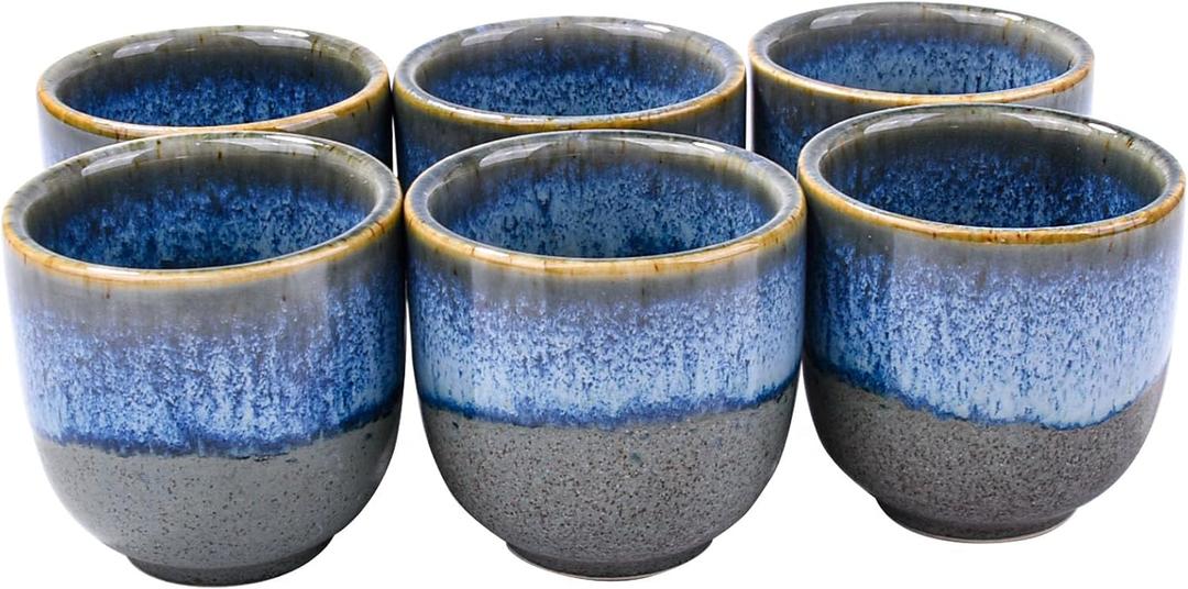 Japanese Saki Set Ceramic Sake Cups Blue and Gray Glaze Set of 6