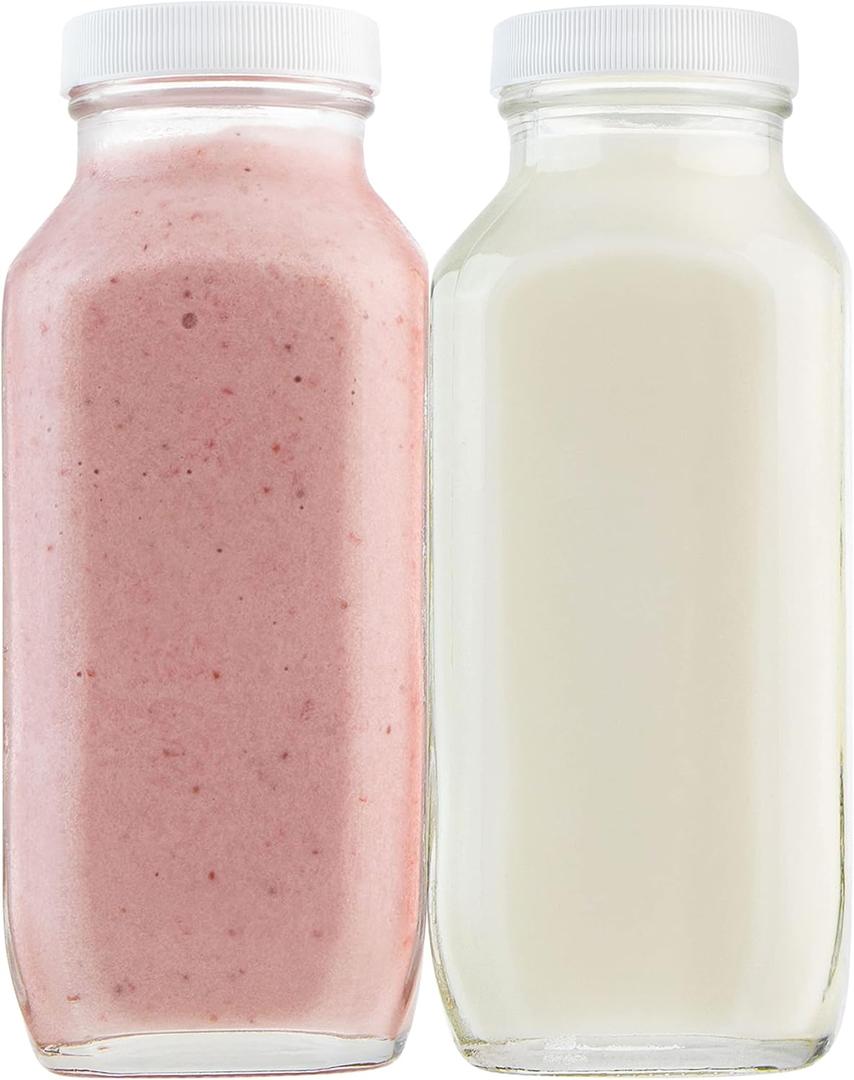kitchentoolz 16oz Square Glass Milk Bottle with Lid - Airtight Vintage Reusable Dairy Drinking Jars Containers for Milk, Yogurt, Smoothies, Juice, Kefir, & Water -2 Pack 16 oz Glass Bottles with Lids
