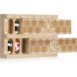 Wood 7 Day Weekly Pill Organizer Vitamin Dispenser Wooden Pill Case Container Box for Vitamin Fish Oil Pills Supplements, Arthritis Friendly, Outdoor Travel
