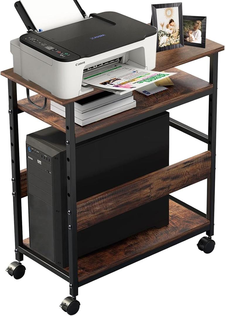 Computer Tower and Printer Stand, Height Adjustable Computer Tower Stand, 3-Tier PC Holder, PC Stands for Floor, Printer Stands with Wheel, Suit Tower Smaller Than 9" D x 19.7" W x 18.8" H