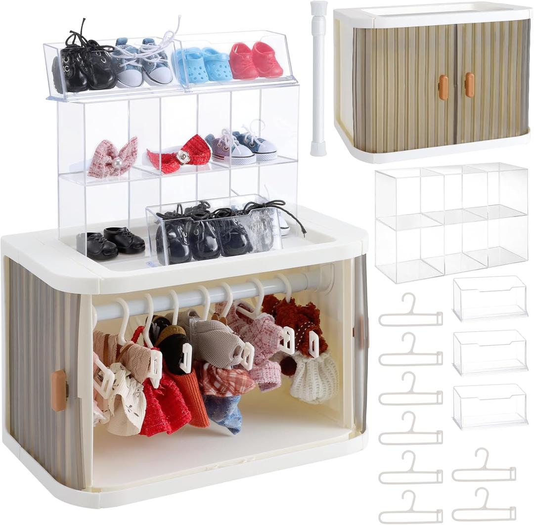 2 x Foldable Doll Wardrobe, Organizer Cabinet with 10 Hangers 3 Storage Box 1 Doll Accessories Display Box & Rod, Doll Clothes Closet for Storing 15/17cm Outfits with Cover & Display Shelf