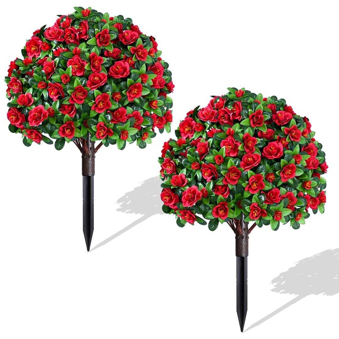 Waipfaru 2 Pack Artificial Flowers Topiary Ball Trees for Outdoors, 24" Fake Bushes Plants, UV Resistant Faux Shrubs with Ground Spike for Front Porch Planters Patio Garden Yard Decor(Red)