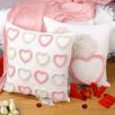 2 PCS Valentines Day Hearts Throw Pillow Covers 18 x 18 Inches Square Beige Pink Heart Linen Embroidered Cushion Cases Soft Decor for Sofa Bed Couch Living Room Home Couple Present Valentine Gift