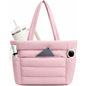 WANDF Puffer Tote Bag for Women with Zipper, Quilted 15.6" Laptop Tote | 40oz Tumbler Holder, 8 Pockets, Lightweight, For College, Teacher, Nurse, Office, Travel