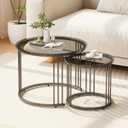 Garden 4 you Nesting Coffee Table, 23.6" Round Coffee Table Set of 2, Glass Nesting Table with Metal Frame, Center Tables for Living Room Bedroom Balcony, Grey