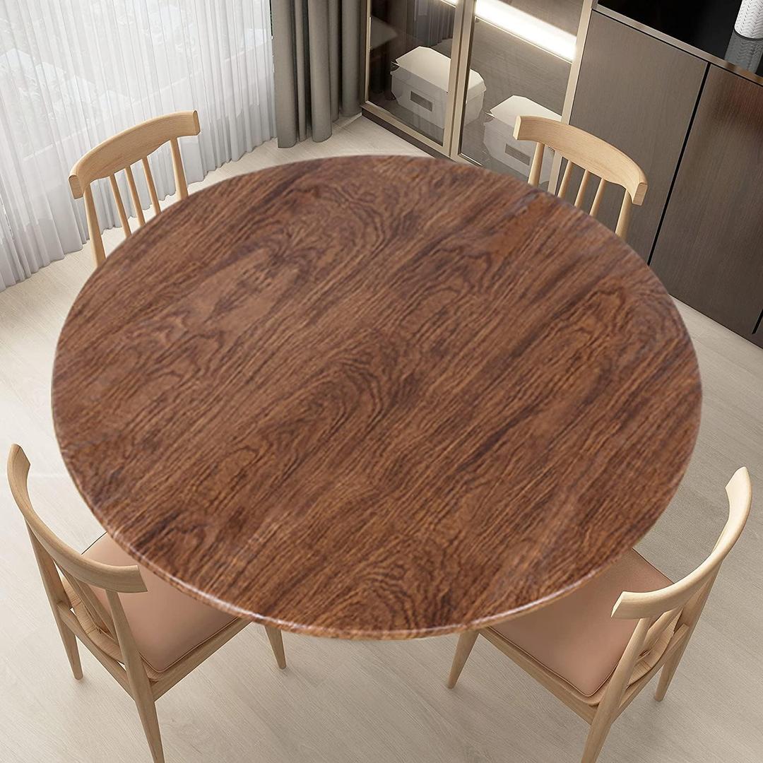 LUSHVIDA Round Waterproof Table Cover Elastic Vinyl Fitted Tablecloth Elastic Edged Plastic Table Cloth (Oak, Best for Up to 36"-44" Round)
