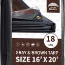 RAINDEWAY 16x20 Feet Super Heavy Duty Tarp 18 Mil, UV Resistant, Weatherproof, Multipurpose Waterproof Poly Tarp with Grommets and Reinforced Edges, Brown/Gray Tarps, 16x20 Feet-Finished size