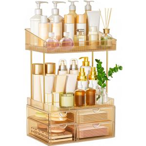 SNSLXH 4 Drawers Makeup Organizer - 4 Tier Makeup Storage, Cosmetics Organiser, Ideal for Cosmetic, 4 Dividers with Drawers for Countertop, Bathroom, Office Supplies, Dresser Transparent Tawny